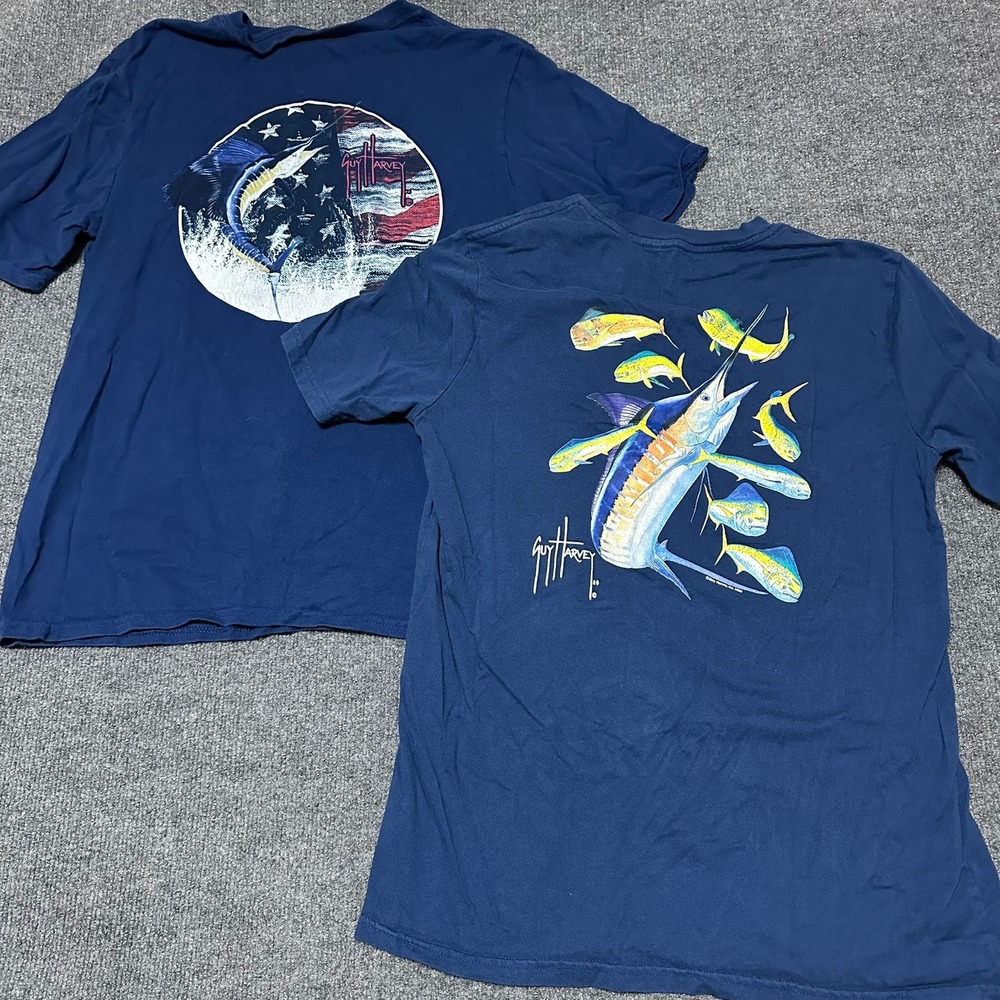 (2) Guy Harvey Mens Blue Short Sleeve Graphic T-Shirts Fish USA Medium